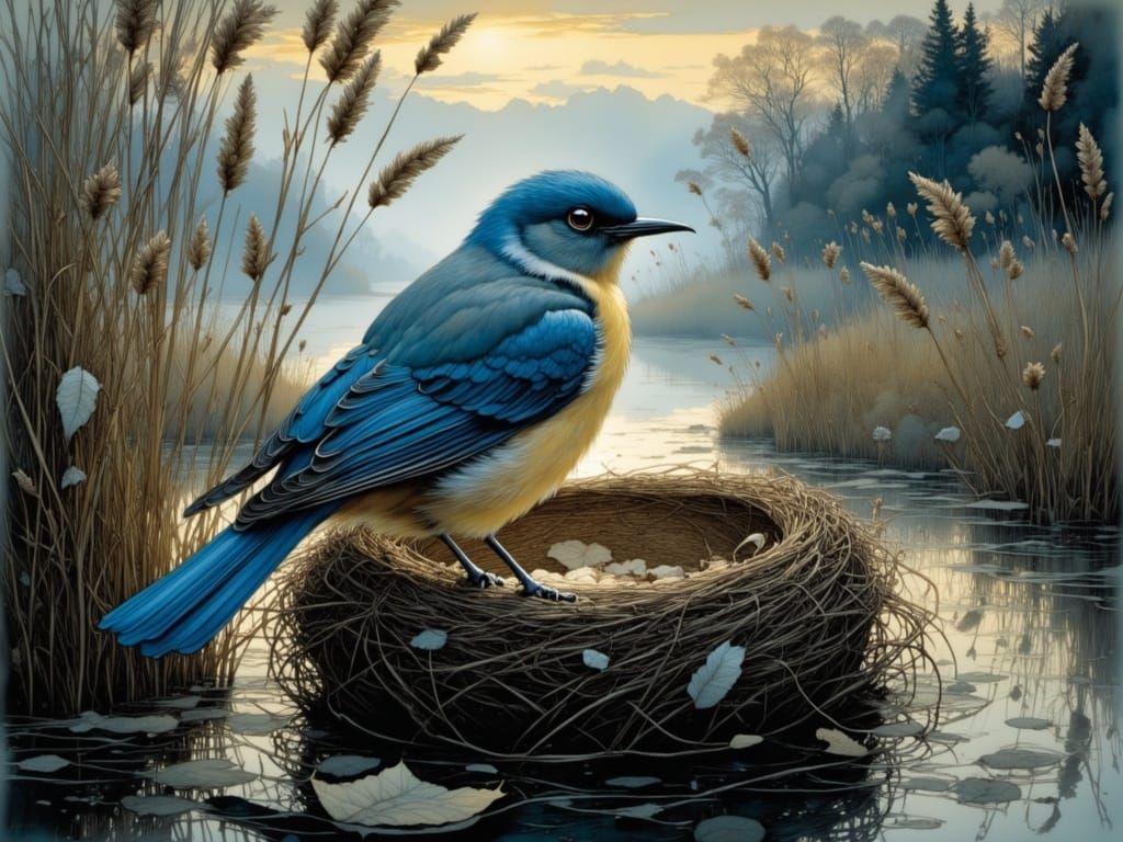 Romantic Bird's Nest Scene in Whimsical Style