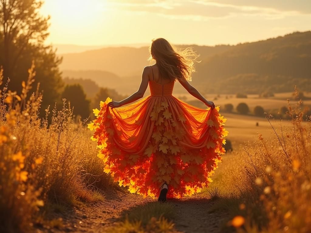 Whimsical Woman in Autumn Leaf Gown, Oil Painting