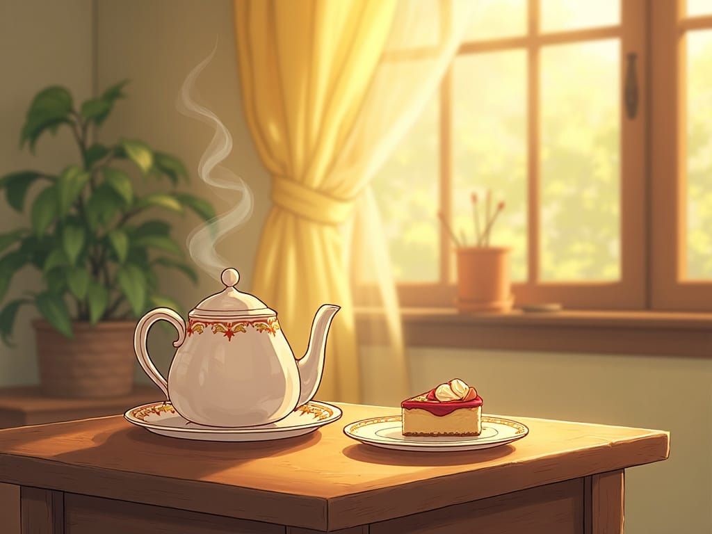 Ghibli-Inspired Tea Set in Golden Hour Light