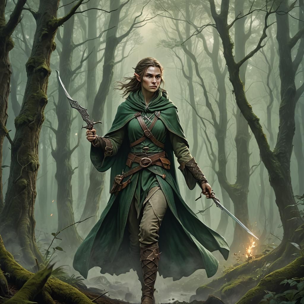 Female Elf Hunter in Misty Forest: Fantasy Illustration