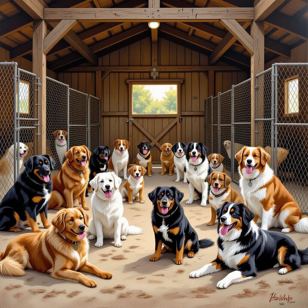 Rustic Dog Kennel Scene in Wildlife Art Style
