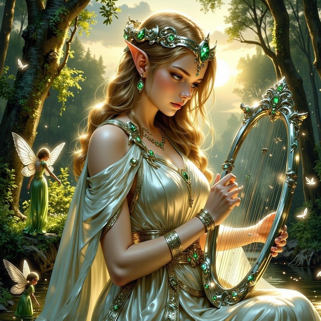 Elf Bard Plays Harp in Moonlit Forest with Pixies