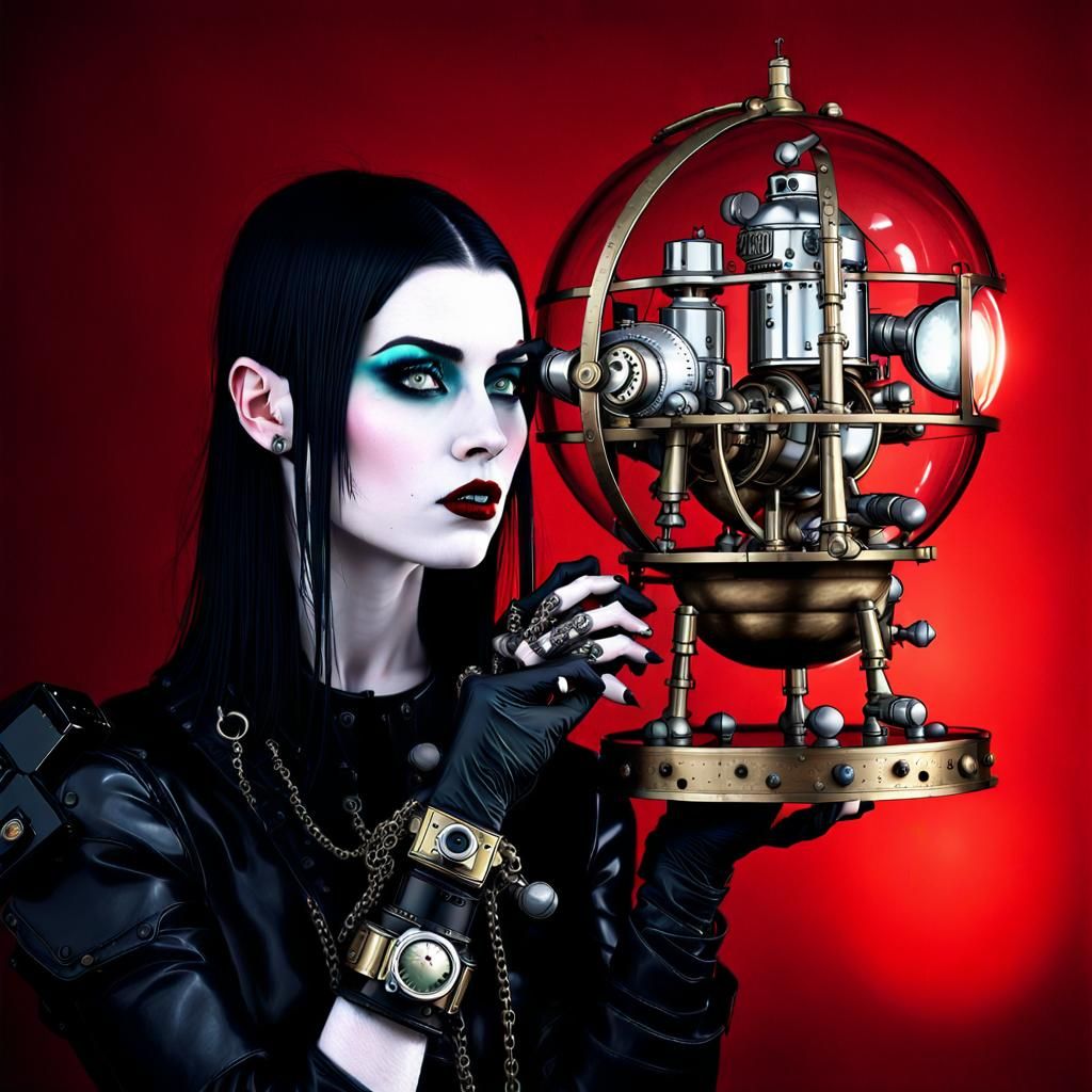 Gothic Model in Dark Coffee Shop with Clockwork Robots