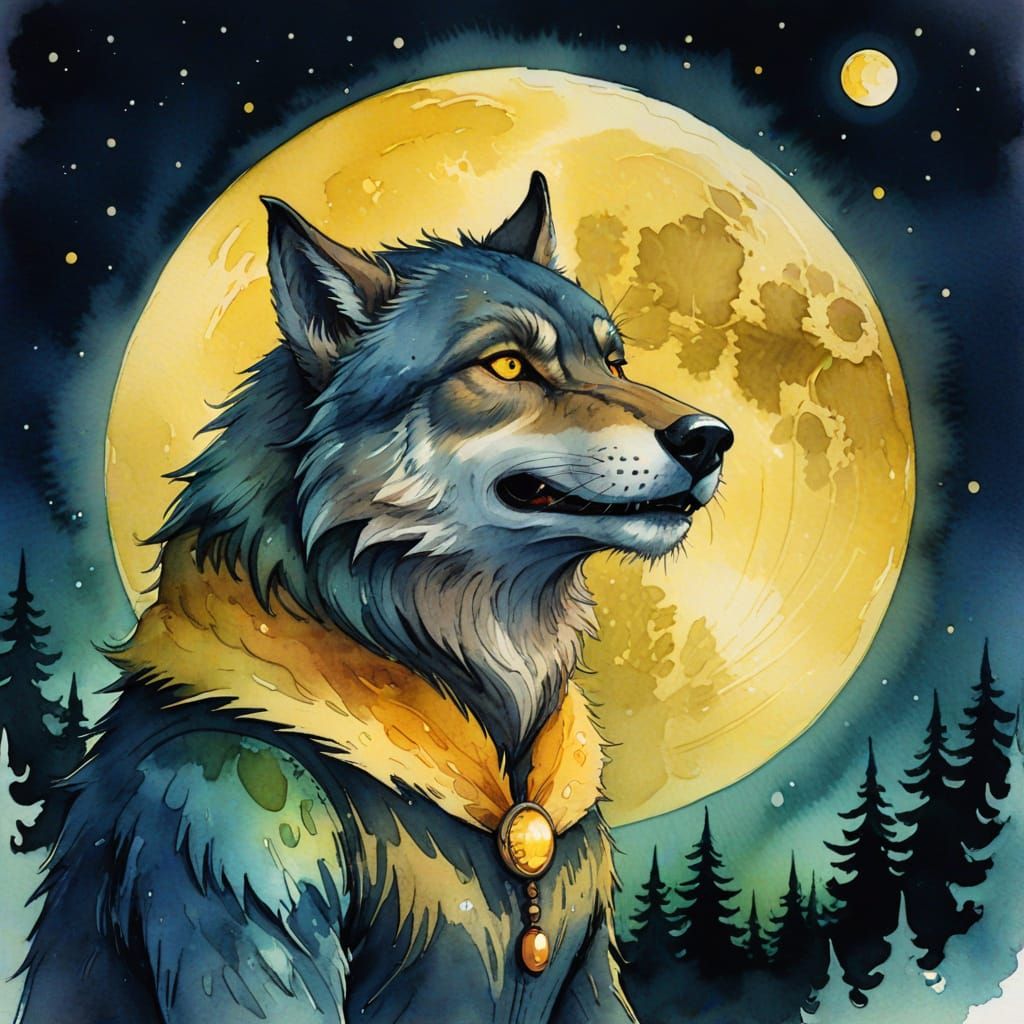 Happy Werewolf Under Big Yellow Moon in Watercolor
