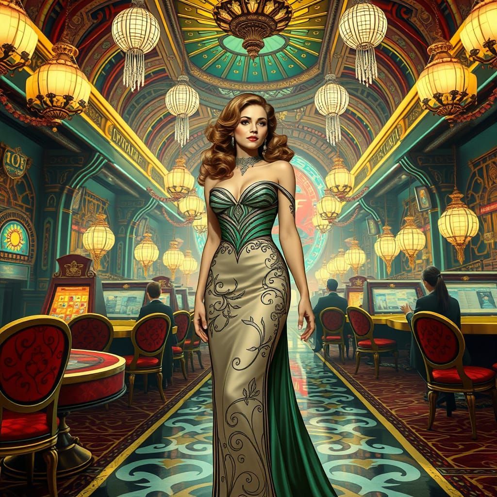 Elegant Woman in a Futuristic Casino, Inspired by Art Nouvea...