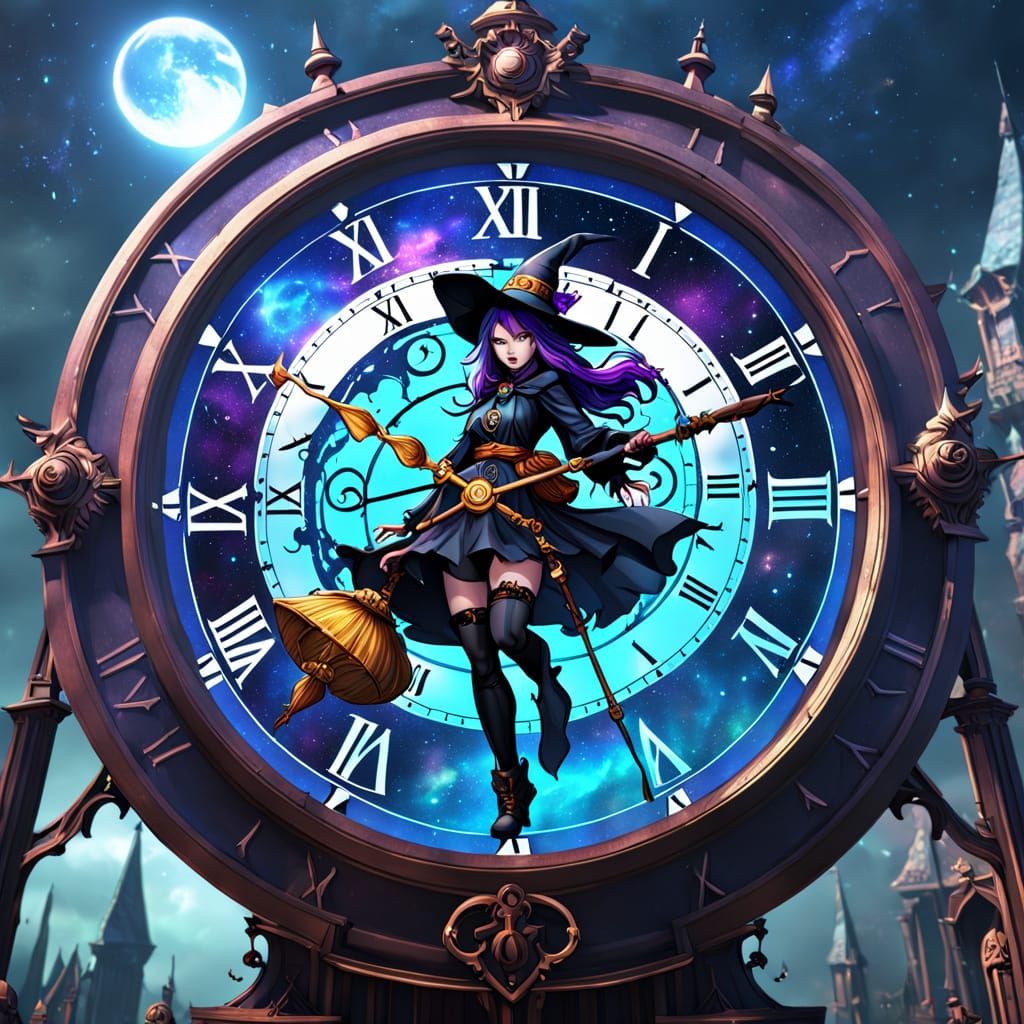 Fantastical Galaxy Scene with a Witch and Clock