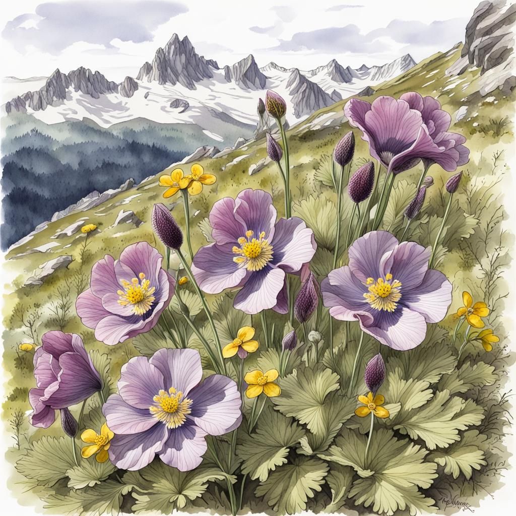 Detailed Alpine Flowers in Gouache Watercolor Style
