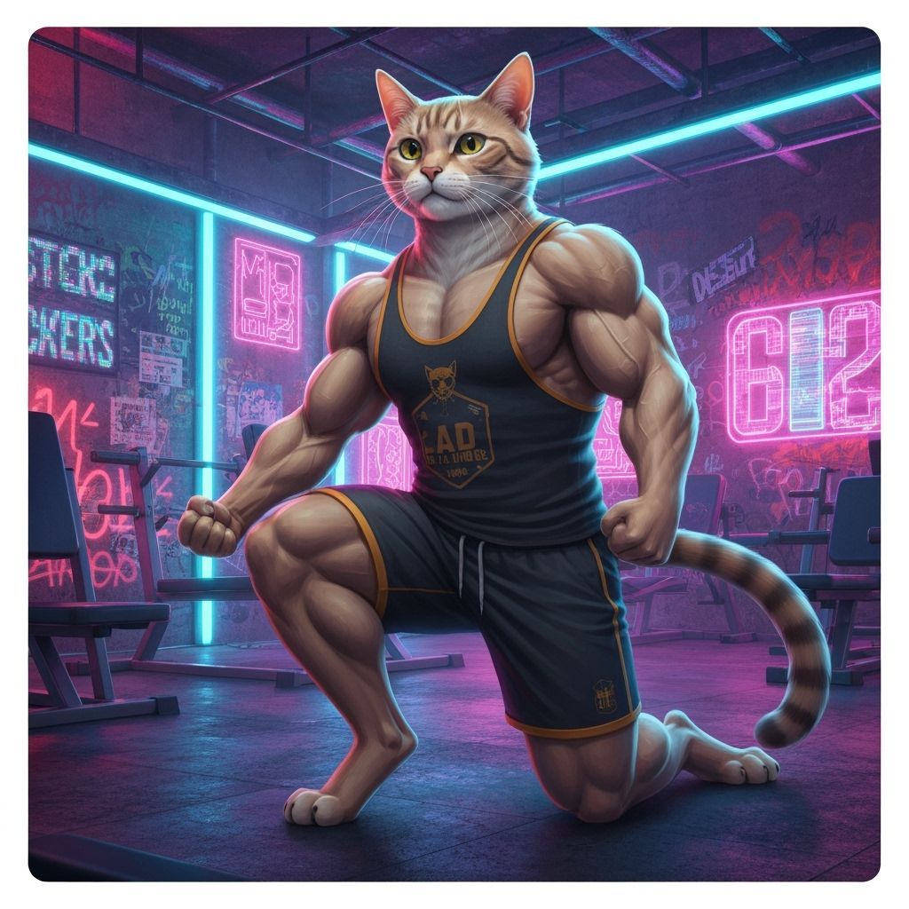Muscular Cat Lifting Fish Weights in Cyberpunk Gym