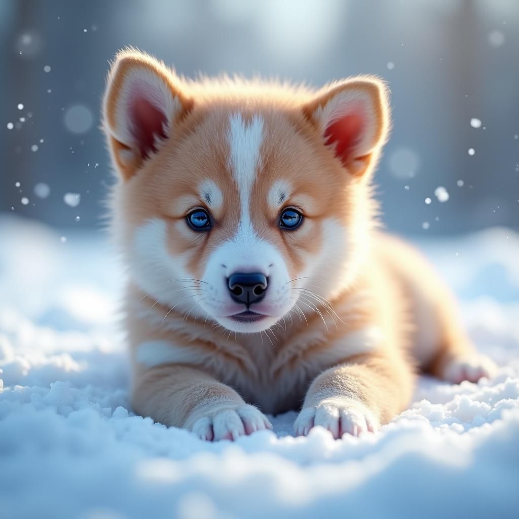 Adorable Blue-Eyed Puppy in Snow, Hyperrealistic Digital Art