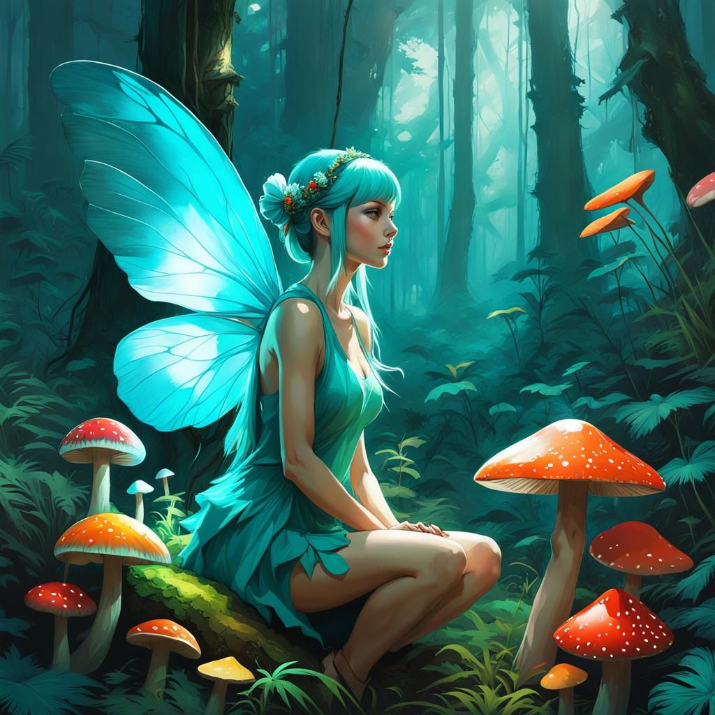 Forest Fairy with Glowing Wings in Jungle