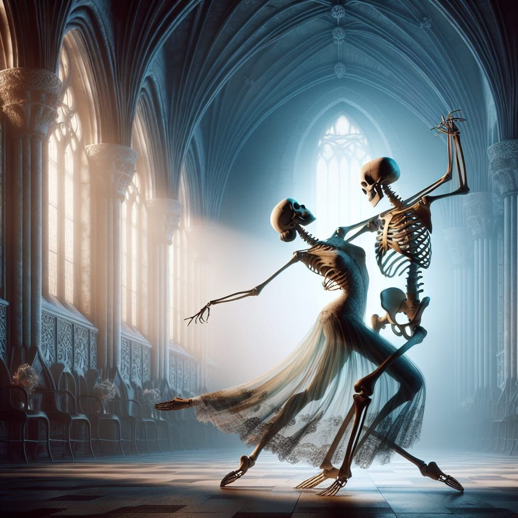 Elegant Skeleton Dancers Tango in Gothic Setting