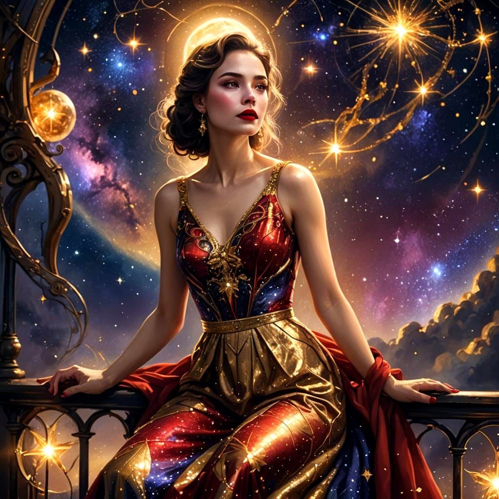 Beautiful Woman in Red and Gold: Fantasy Art
