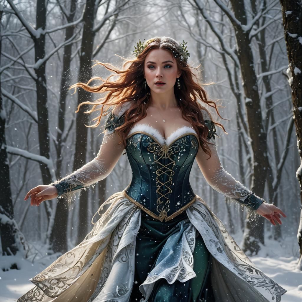 Elf Dances in Snowy Woods: Fantasy Digital Painting