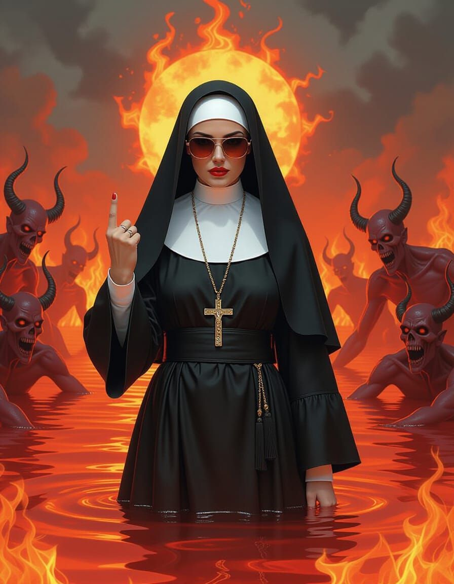 Gothic Nun Giving Middle Finger in Hellscape