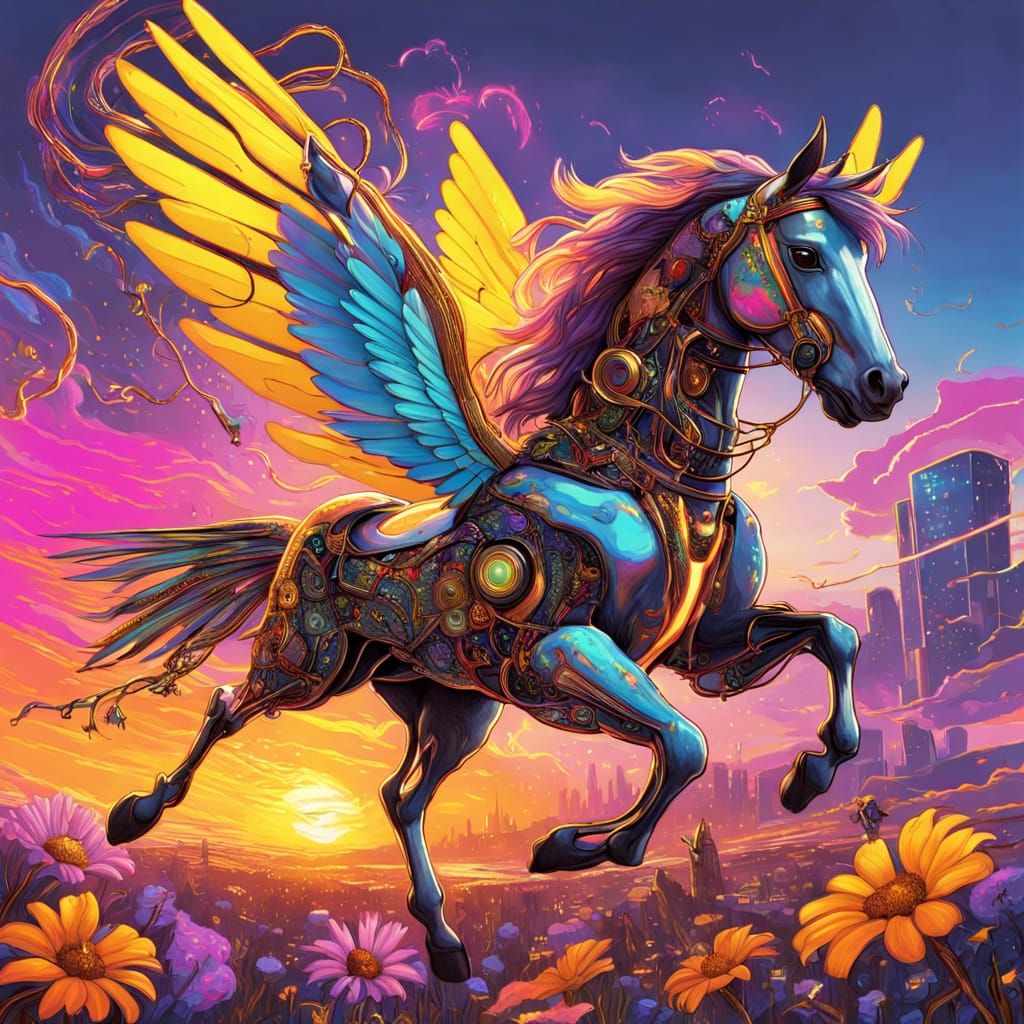 Whimsical Bay Dun Horsefly in Cyberpunk Sunset