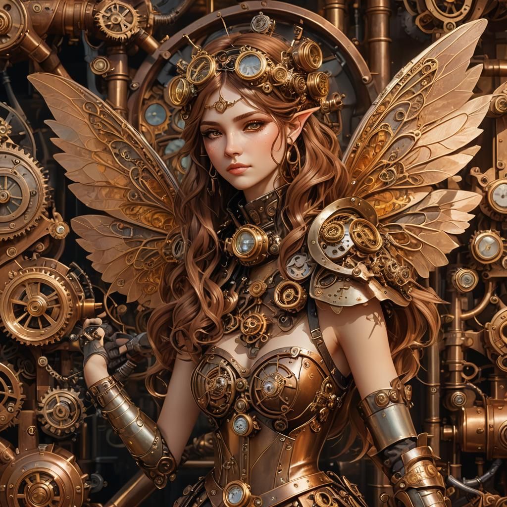Steampunk Fairy with Engine in Golden Light