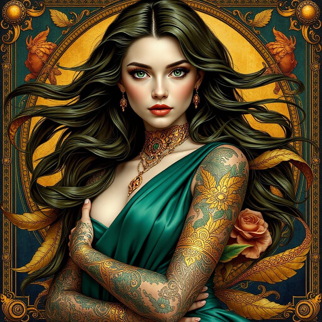 Emerald-Eyed Woman with Golden Tattoos in Art Nouveau Style