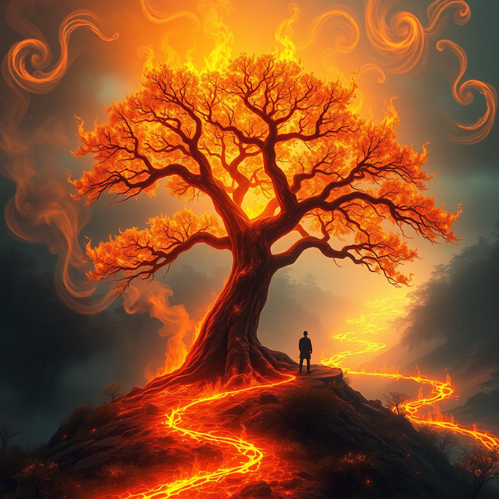 Fiery Tree Rises in Mystical Forest