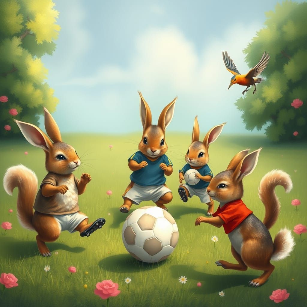 Animals Play Soccer: Whimsical Scene in Potter Style