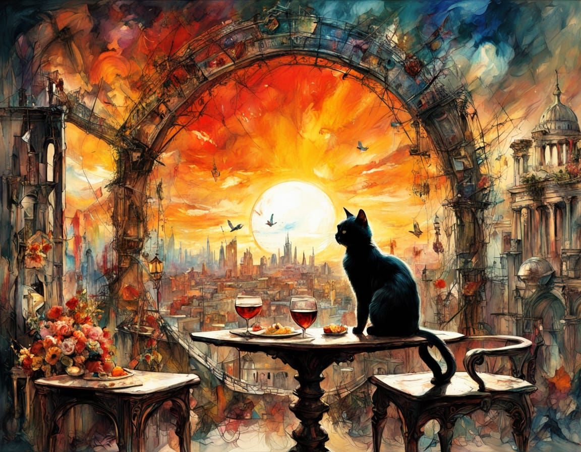 Abstract Sunset Scene with Black Cat, Impasto Style