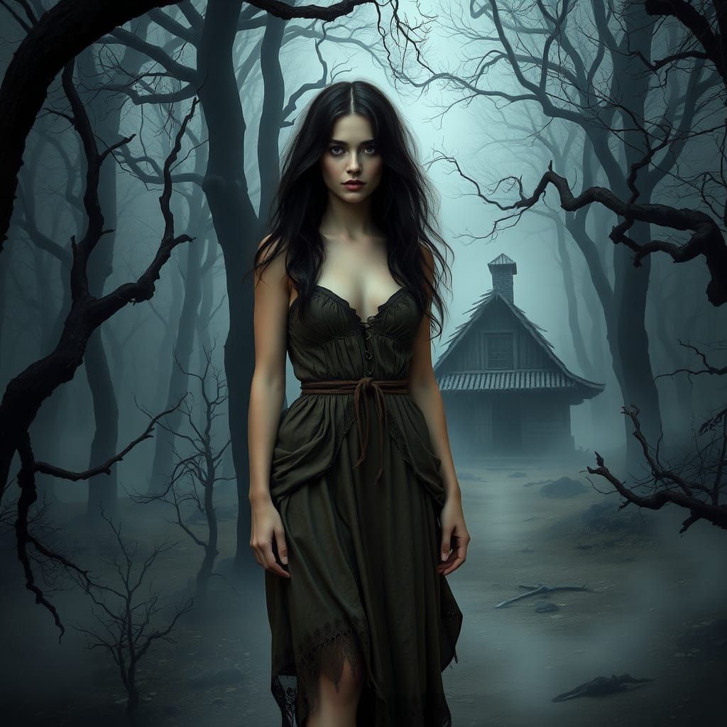 Woman in Dark Forest, Gothic Fairy Tale Style