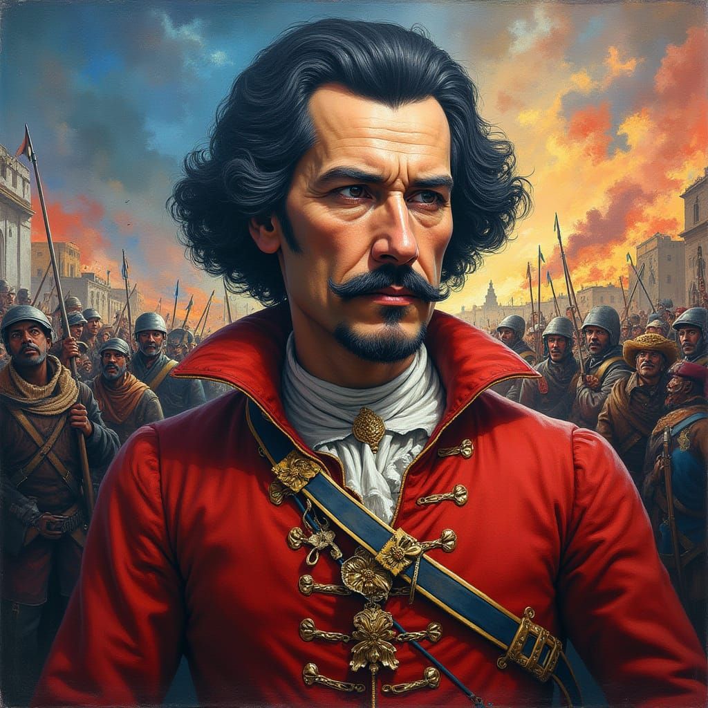 Simon Bolivar Mural in War-Torn Landscape with Hyper-Realist...