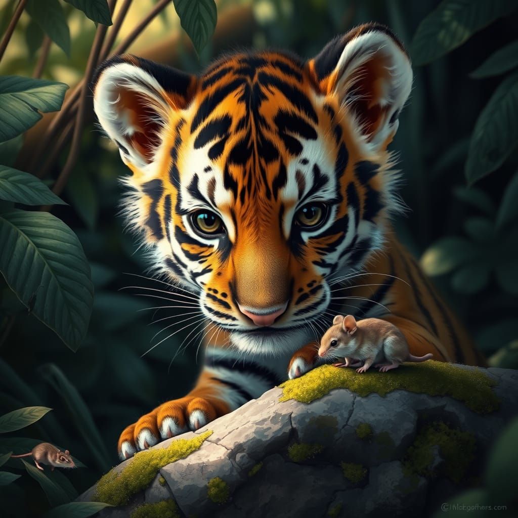 Curious Tiger Cub Gazes at Jungle Mouse