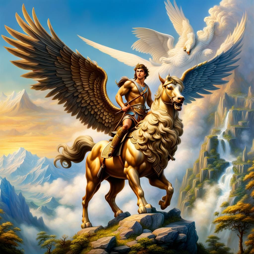 Bellerophon rides to Mount Olympus