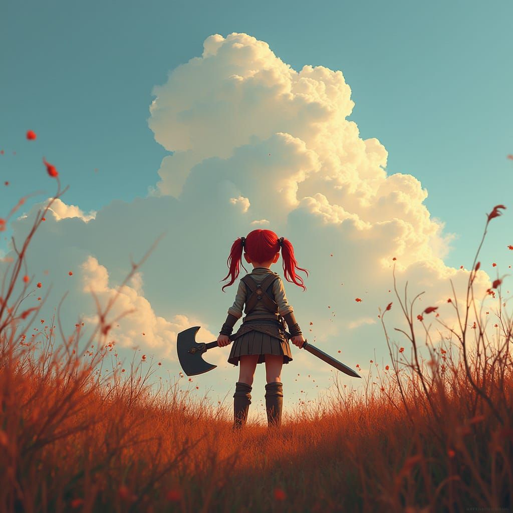 Teenage Warrior Girl in Tall Grass Field