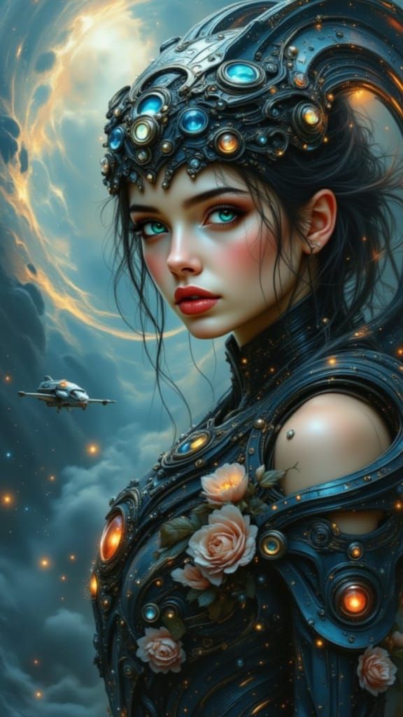 Sad Sci-Fi Cyborg Girl with Monster Friend in Space