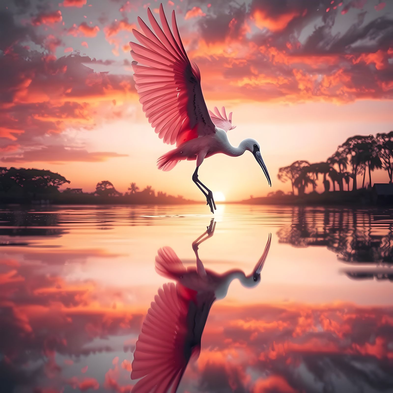Surreal Roseate Spoonbill in Sunset Hues