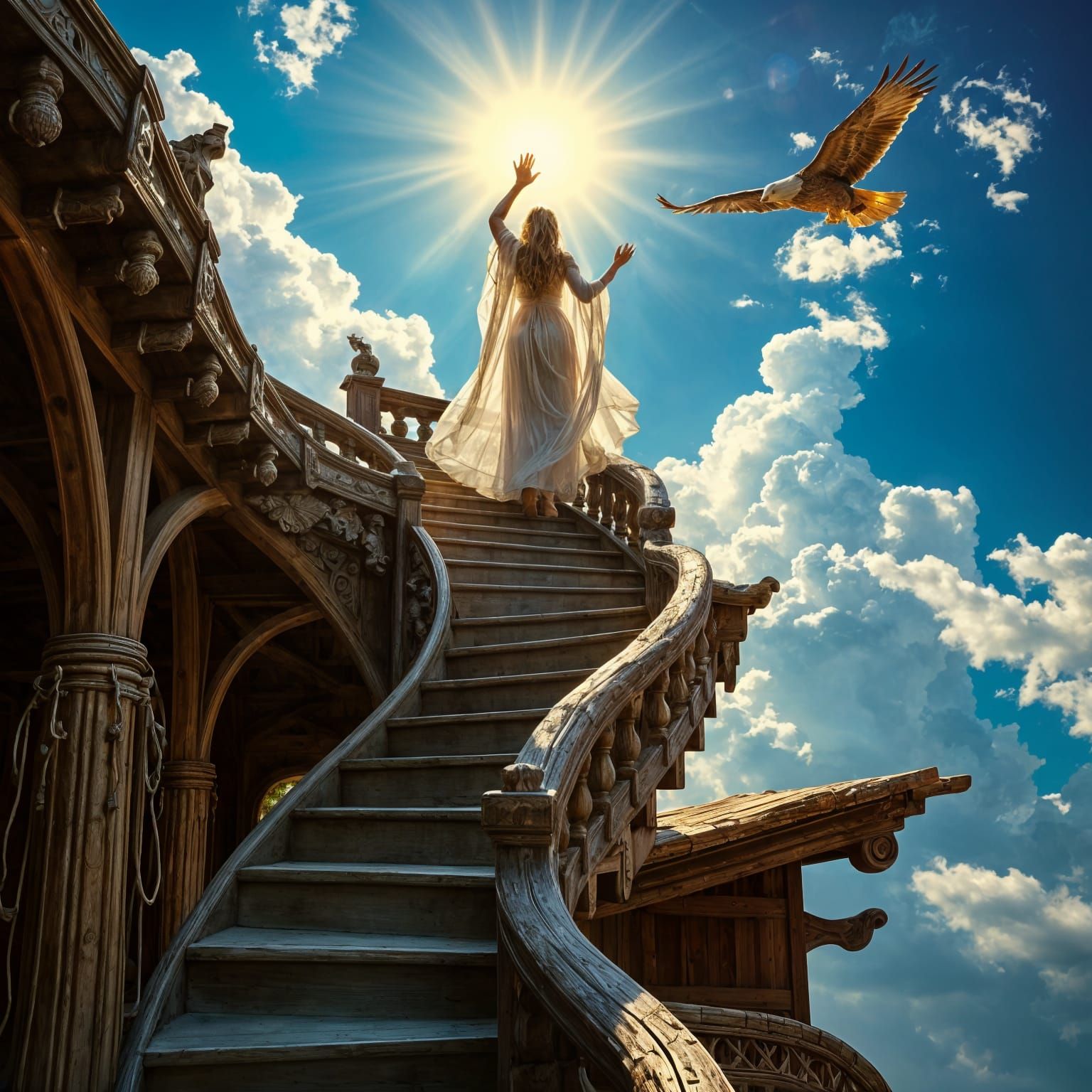 Intricate Wooden Stairway to Heaven with Golden Eagle