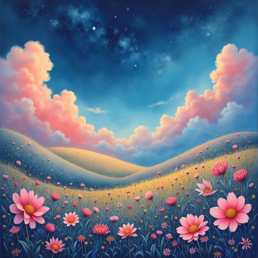 Whimsical Dreamcore Landscape with Glowing Clouds and Vibran...