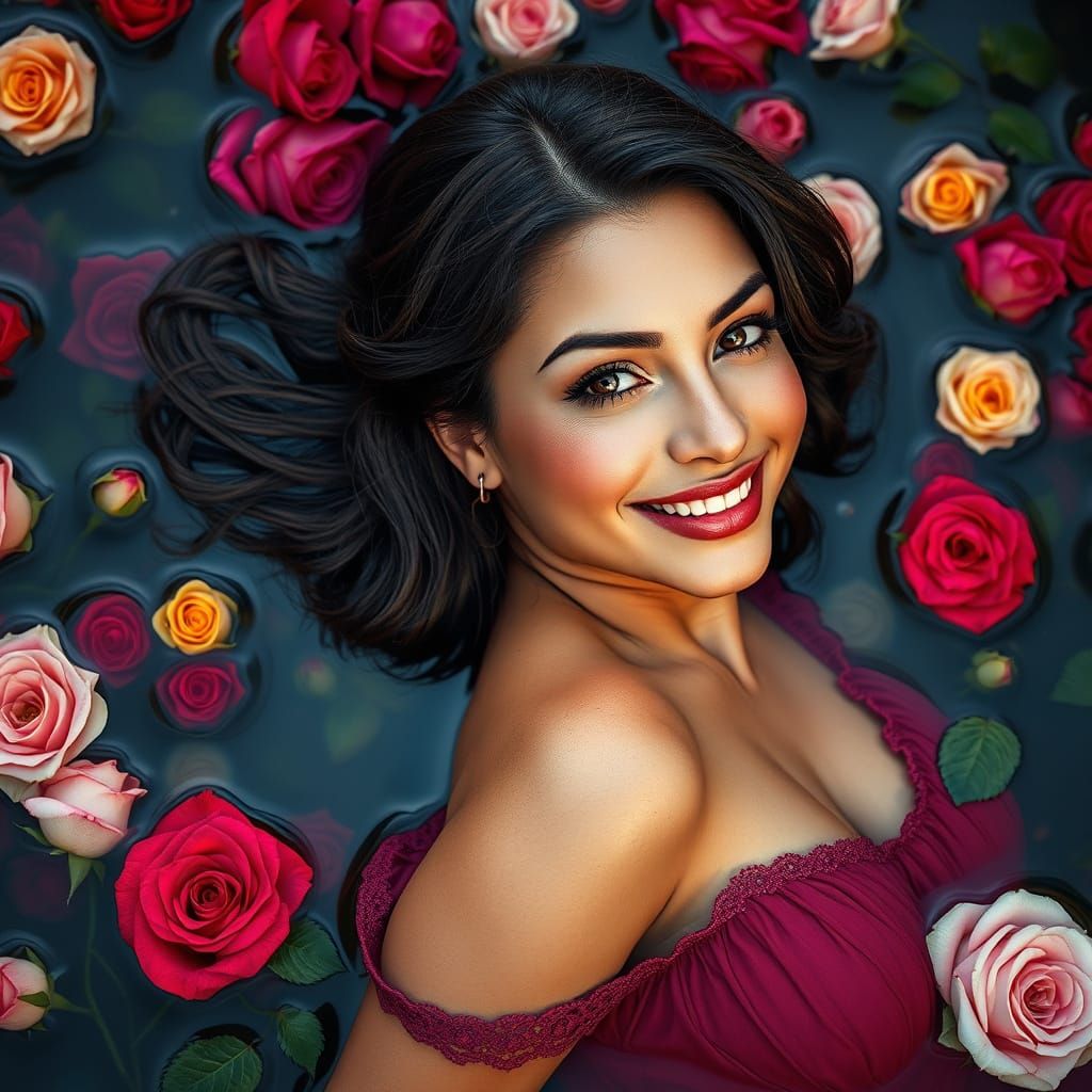 Curvy Woman Poses in Rose-Filled Water