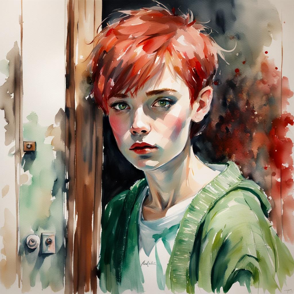 Watercolor Portrait of Trans Girl Peeking From Door