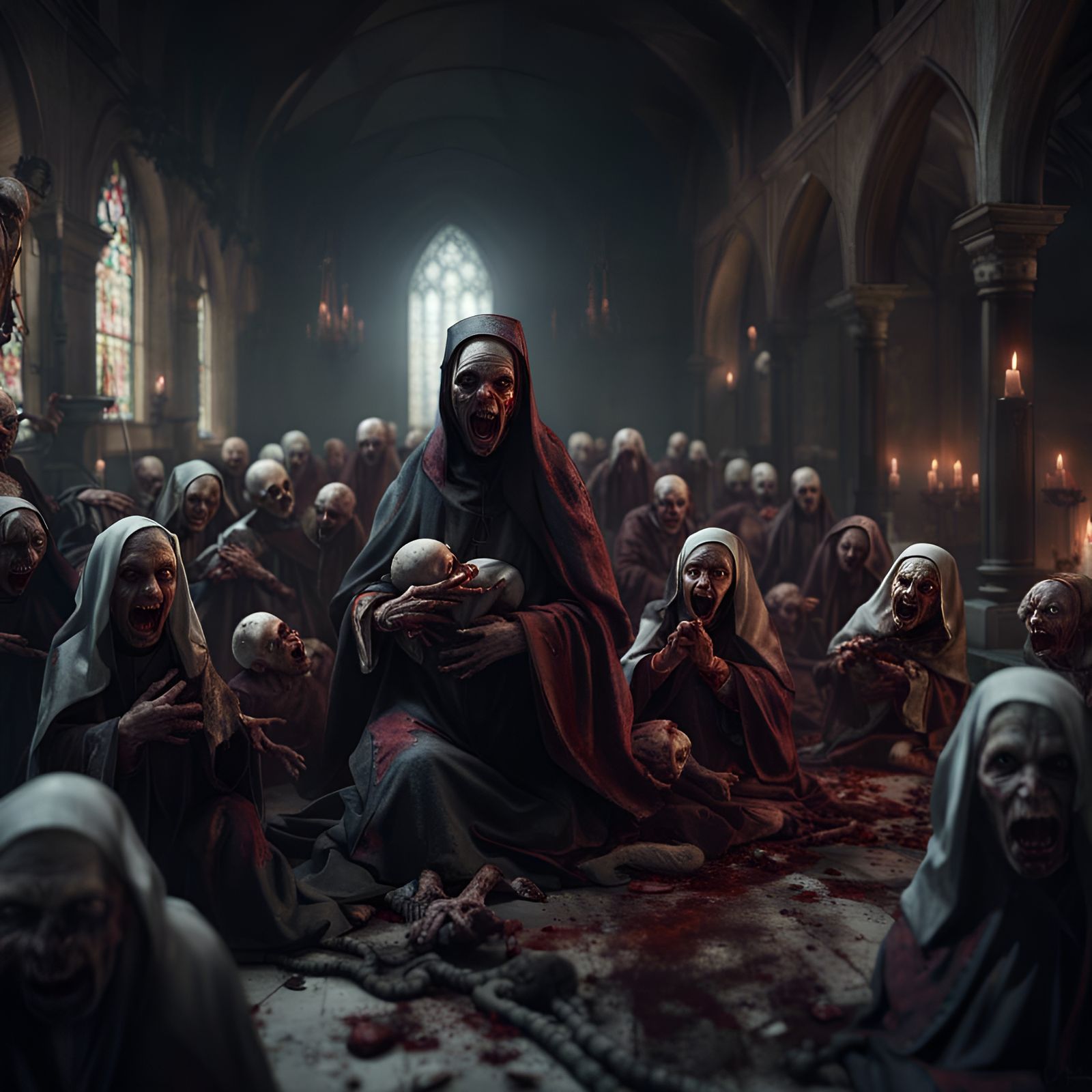Demonic Nuns Vomiting Zombie Babies: Detailed Matte Painting