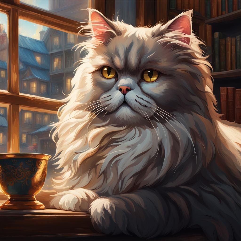 Persian Cat Portrait in Bookstore Window