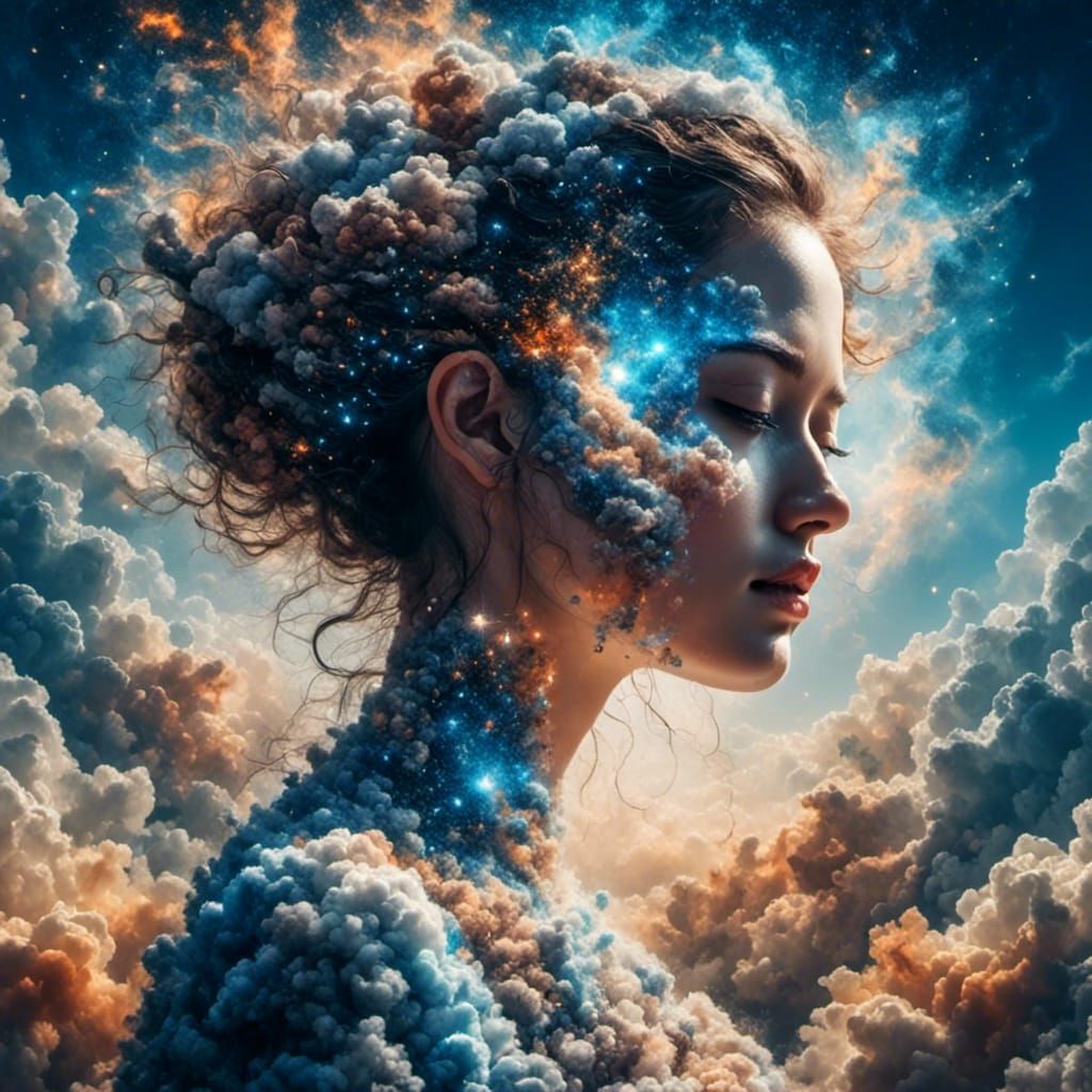 Glittering Cloud Woman with Stars Background