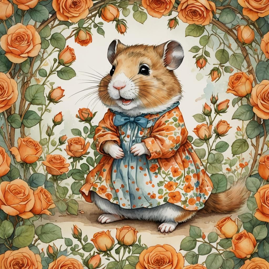 Delicate Hamster in a Frame of Orange Roses, Whimsical Water...