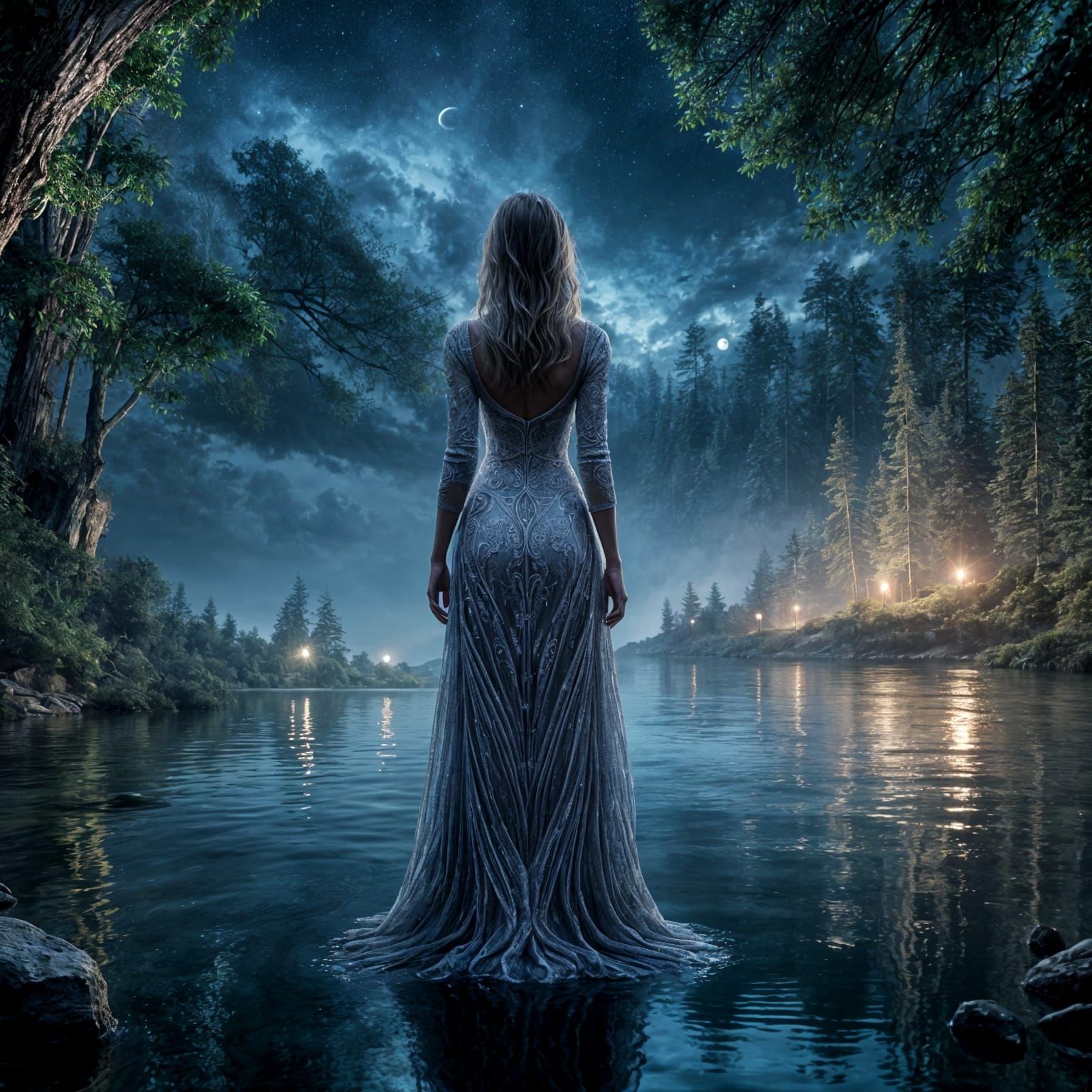 Woman in Nightgown by Moonlit Lake with Lighting