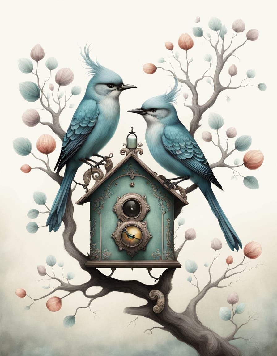 Whimsical Birds Perch on a Delicate Branch in Fantasy Surrea...