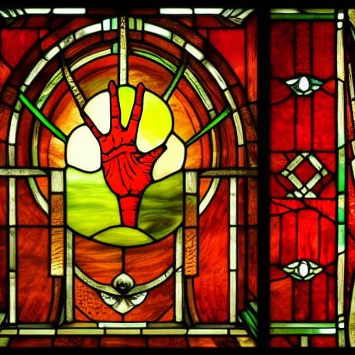 Bloody hand stained glass design.