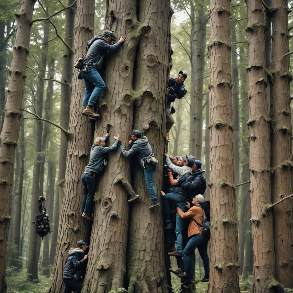 Photographers Hugging Trees in Photorealistic Style