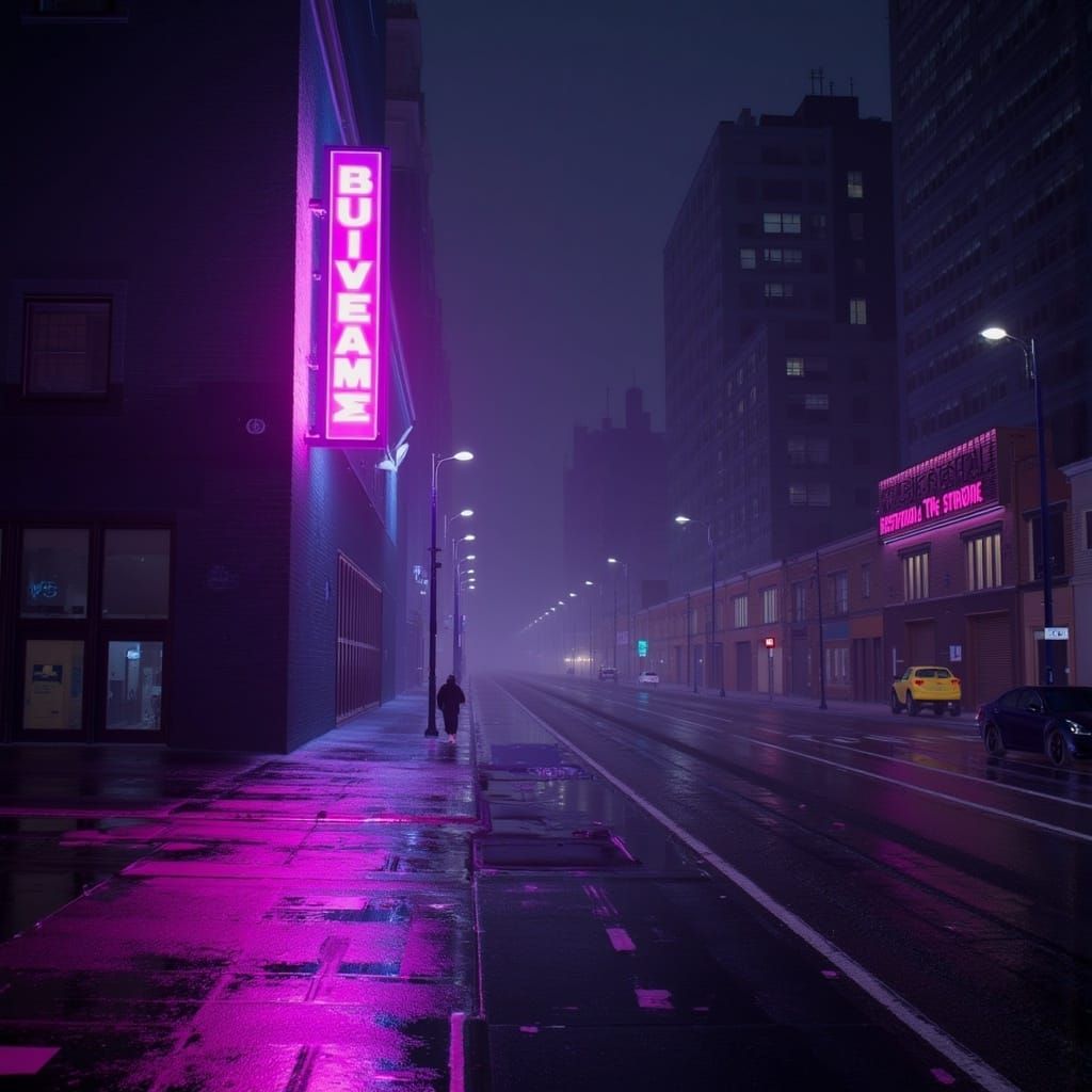 Rainy Cityscape with Neon Sign in Photorealistic Style