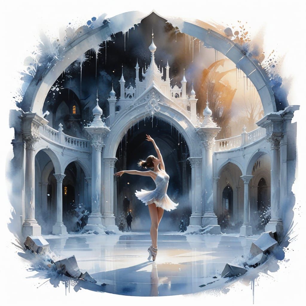 Ice Skater in Frozen Palace: Watercolor Art