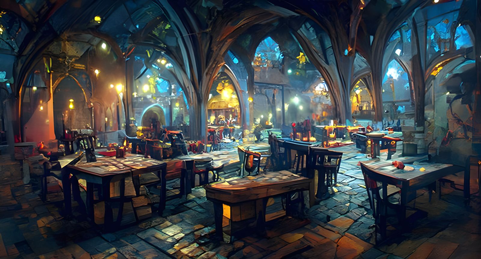 Medieval Knight Cafe at Night, Detailed Painting
