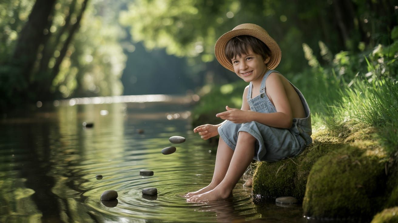 Boy Skipping Stones on Riverbank in Classic Style