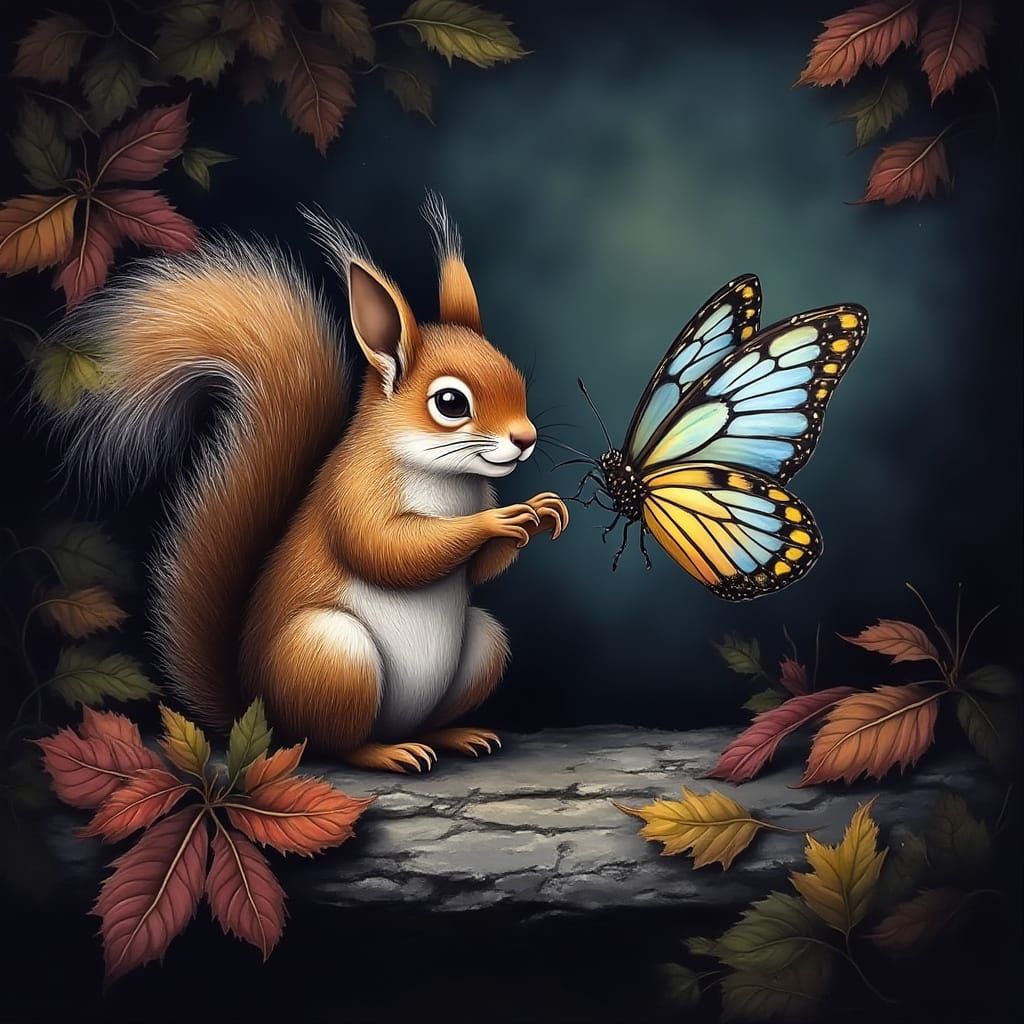Squirrel and Butterfly Friends in Autumn Masterpiece