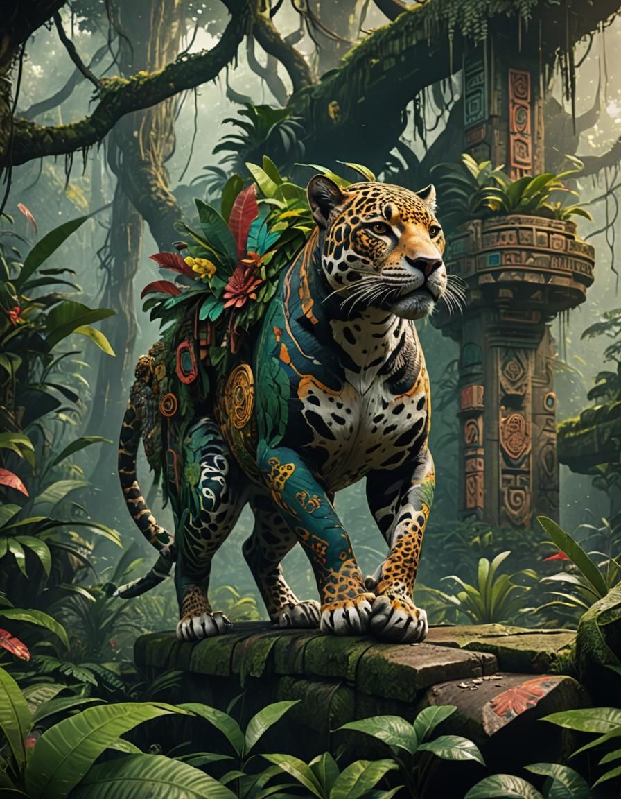 Jaguar in Aztec Rainforest: Detailed Matte Painting