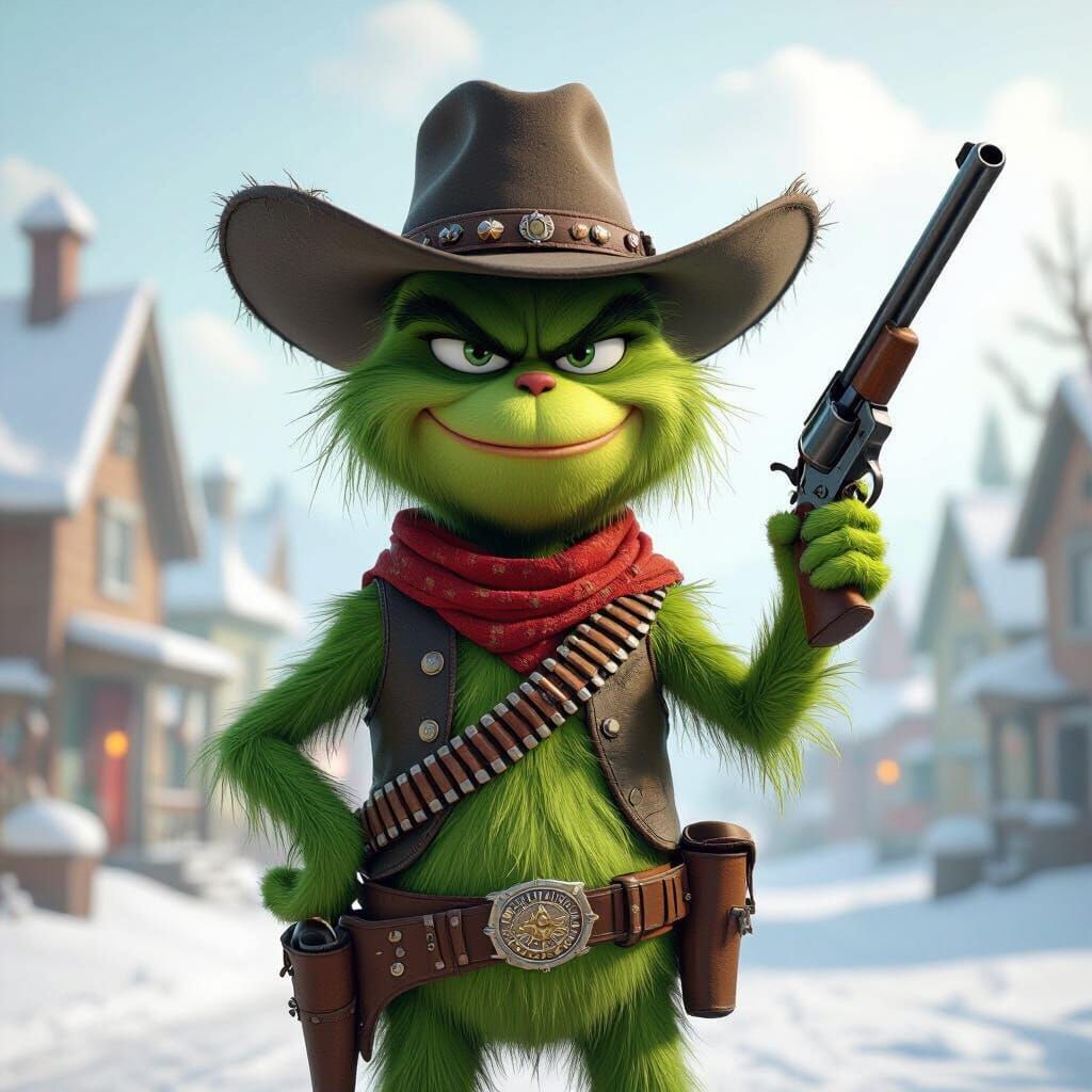 Grinch as Gunslinger in Whoville, 3D Digital Art